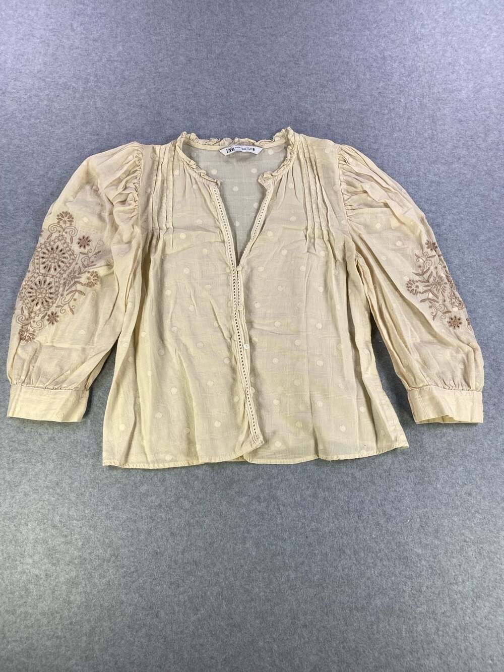 Zara Beige Embroidered Swiss Dot Button-Down Blouse